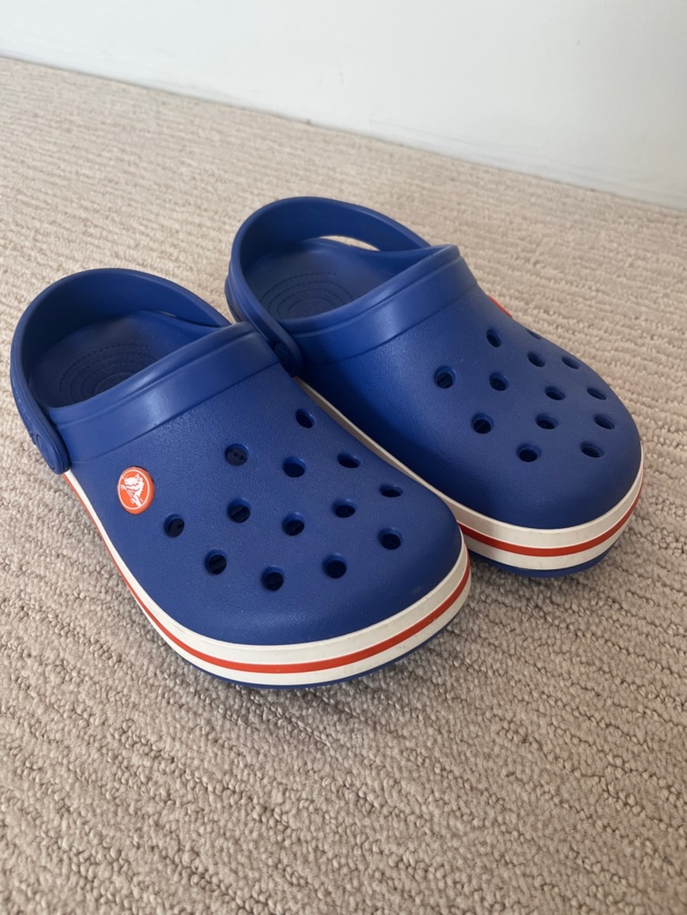 Size J 3 CROCS Kids' Royal Blue Classic Clogs with Orange & White Band